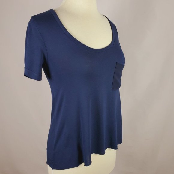 Rag & Bone Navy Blue Crew Neck Pocket Tee With A High Low Raw Hem - Sz XS - Picture 5 of 7